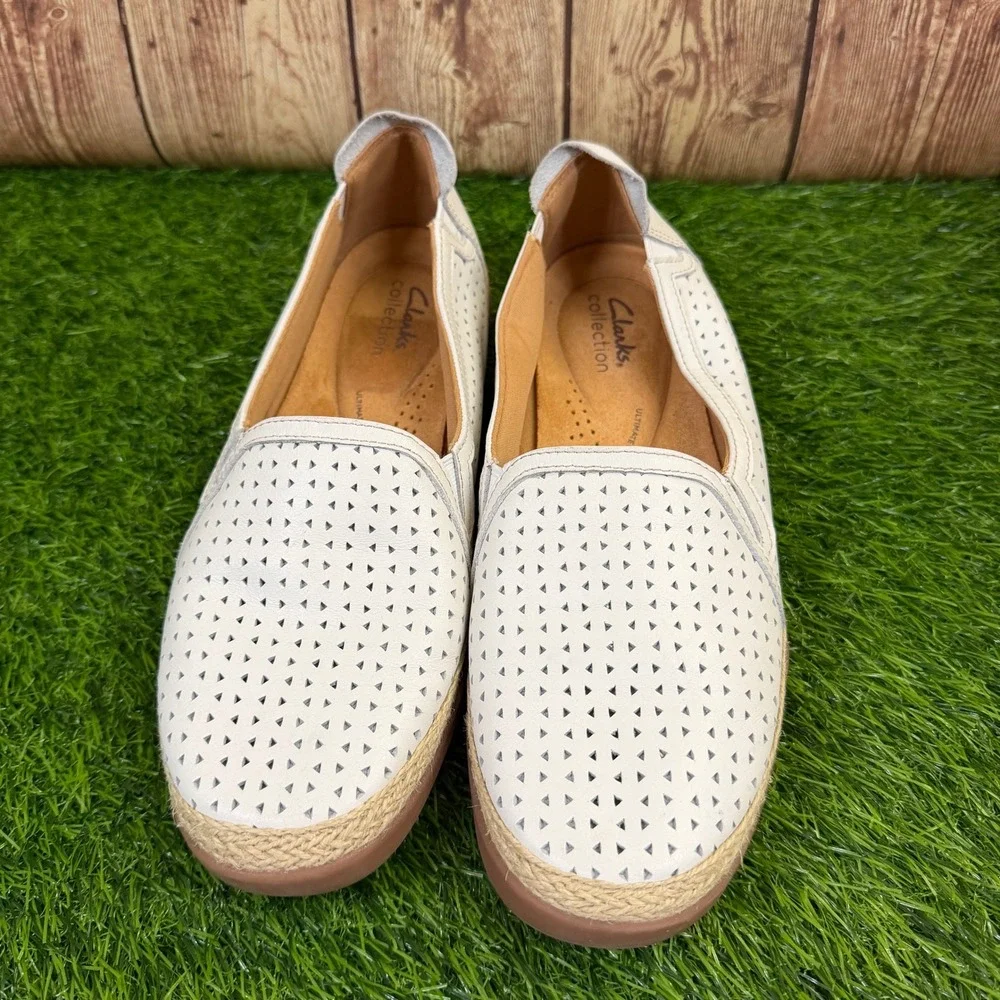 Clarks Collection Loafers Womens Size 9 Off White Perforated Leather Espadrille